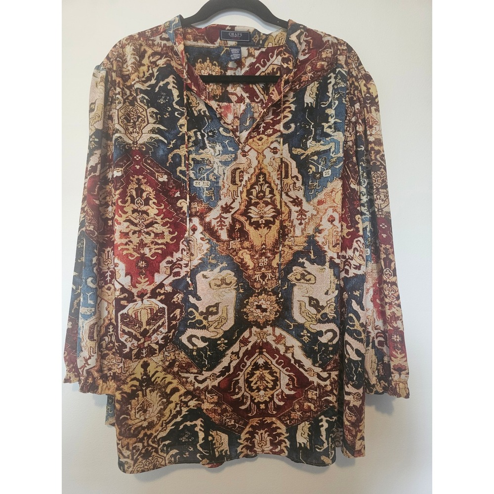 Boho Chaps‎ Denim Tapestry Blouse Womens 3X Multicolor Medallion Tie Neck Top